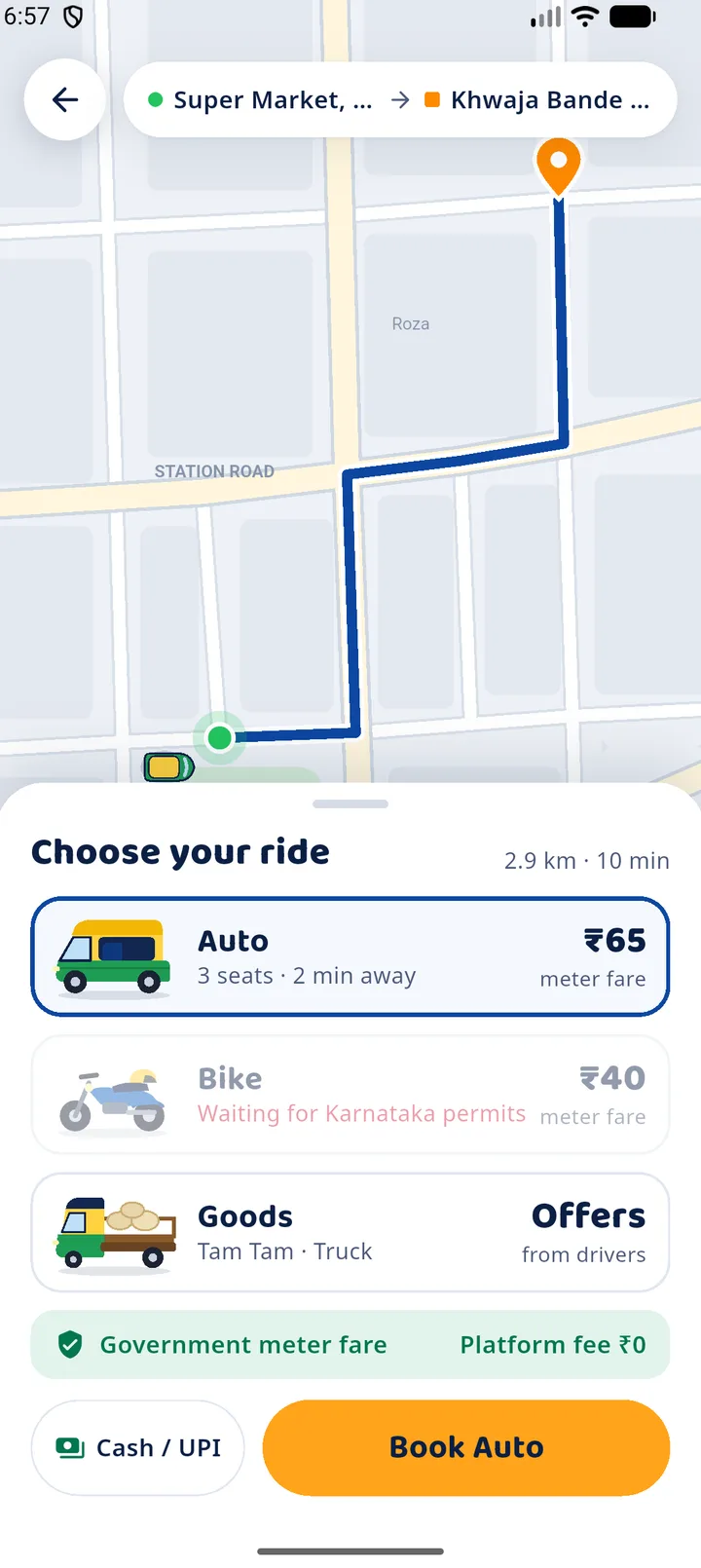 The YatryOne app: choosing an auto, the fare shown before booking