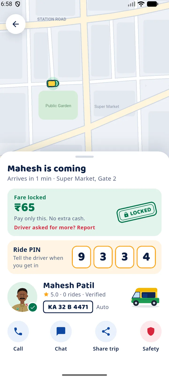 The YatryOne app: the driver is coming, fare locked and the ride PIN