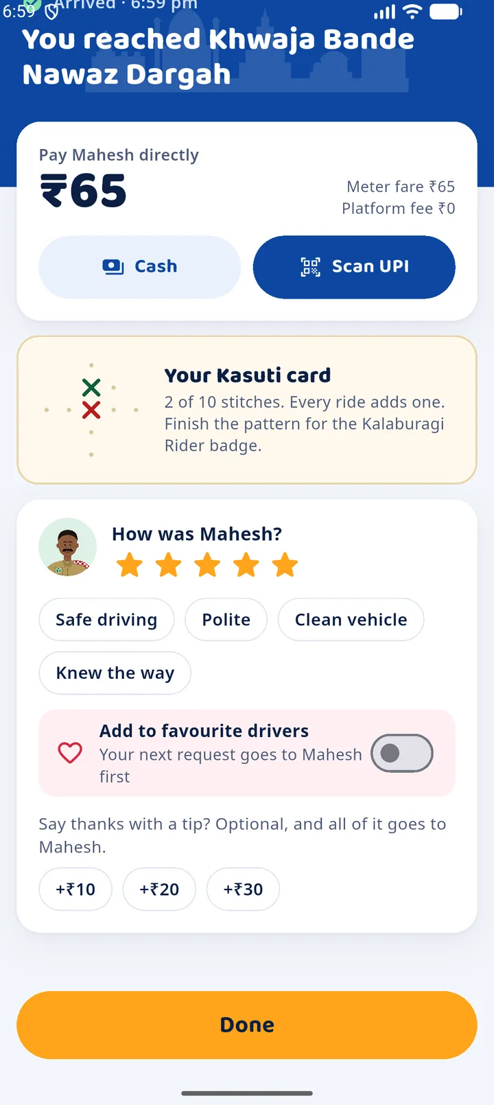 The YatryOne app: ride done, pay the driver directly and rate